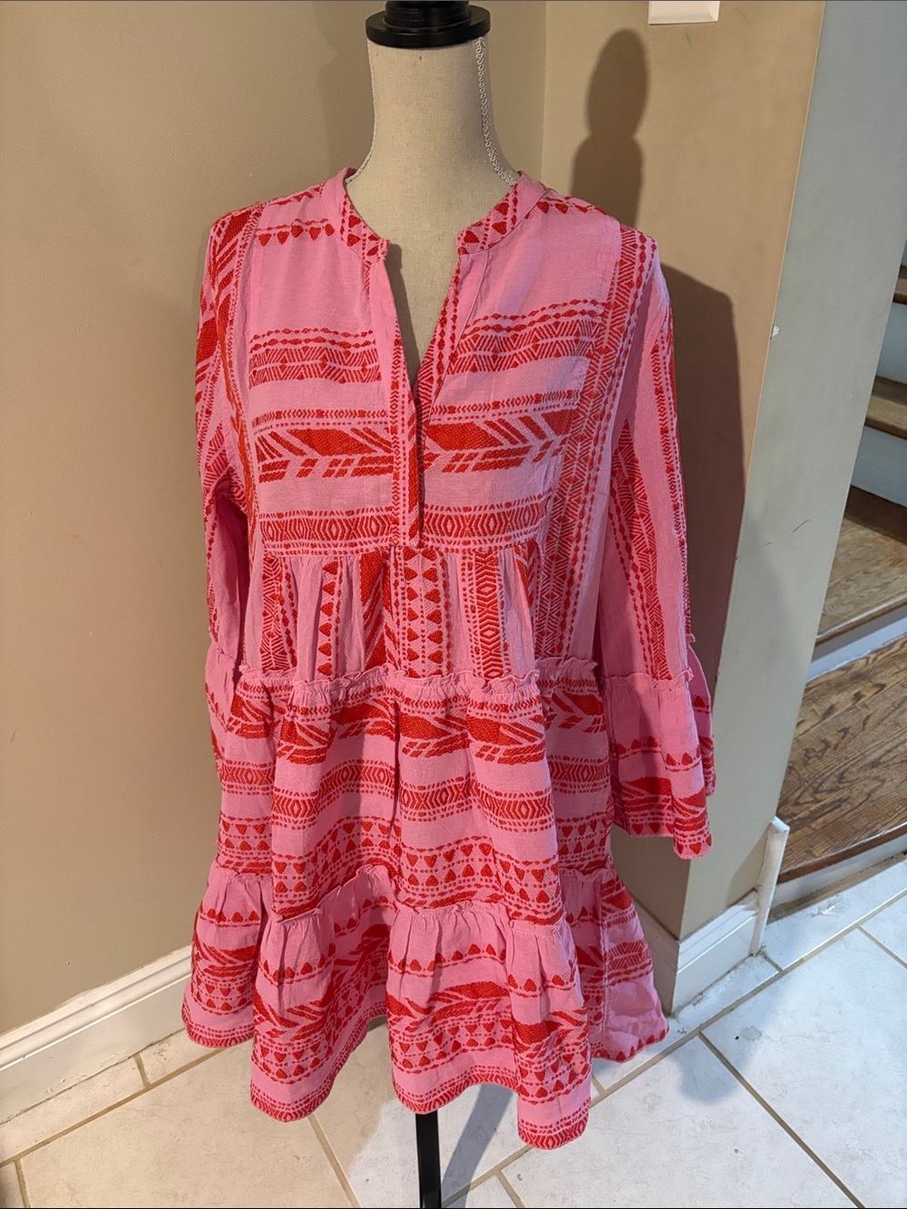 Elan Pink Red Embroidered Boho Tiered Mini Dress Size Large
